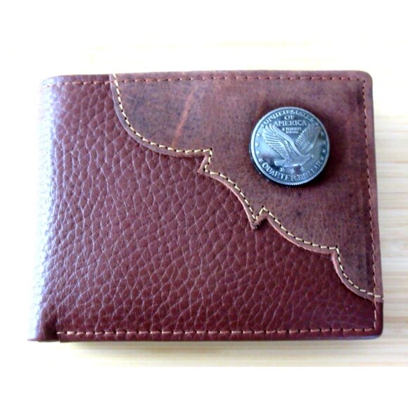 American Bison Men's Eagle Medallion Bifold Rodeo Brown Leather Wallet NEW - Picture 1 of 10